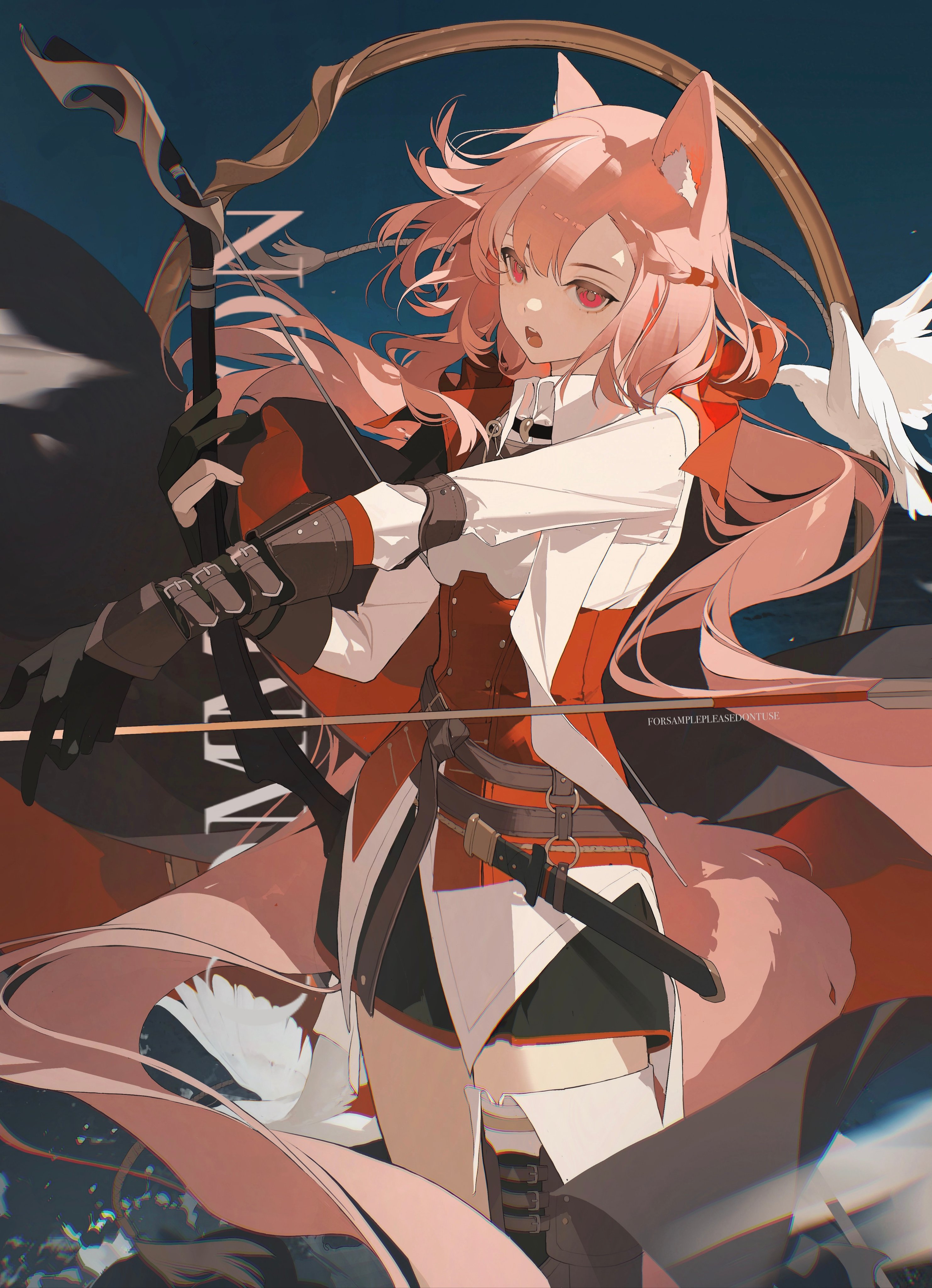 chongzhen 085, original, absurdres, commentary, highres, 1girl, animal ear fluff, animal ears, bird, collared shirt, cow, cowboy shot, gloves, holding, long hair, open mouth, pink hair, red eyes, shirt, solo, standing, teeth, thighs, upper teeth only, very long hair, white shirt