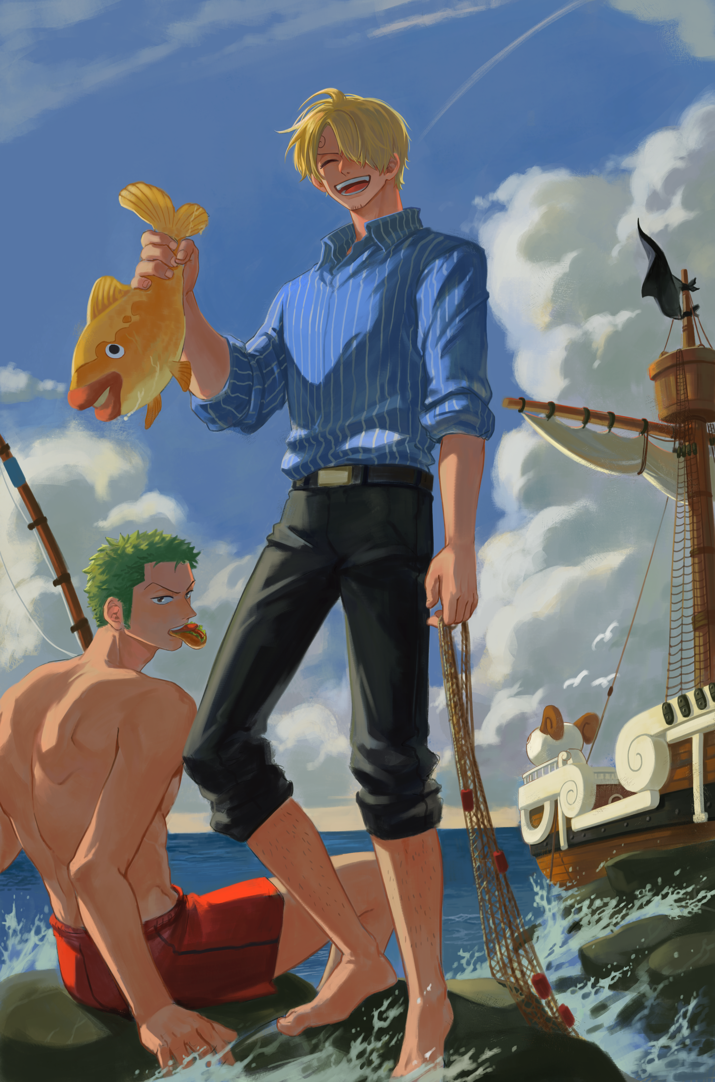 jennyandloiryan, going merry, roronoa zoro, sanji (one piece), one piece, absurdres, commentary, highres, symbol-only commentary, 2boys, animal, barefoot, belt, black belt, black pants, blonde hair, cloud, collared shirt, curly eyebrows, day, facial hair, fish, fishing rod, food in mouth, goatee stubble, green hair, hair over one eye, happy, holding, holding animal, holding fish, holding net, leg hair, male focus, male swimwear, multiple boys, open mouth, orange male swimwear, outdoors, pants, ship, shirt, short hair, sitting, striped clothes, striped shirt, stubble, swim trunks, watercraft