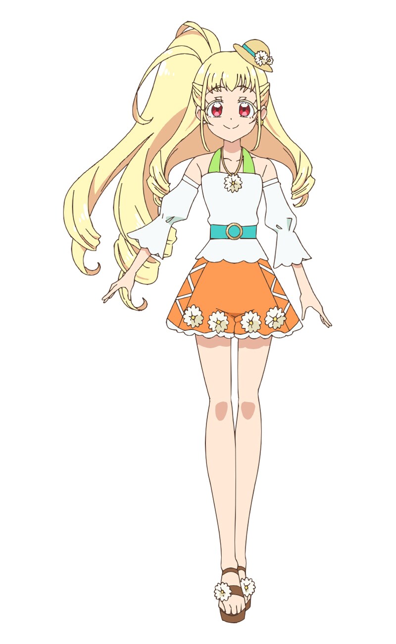 kagayaki alice, kiratto pri chan, pretty series, highres, official art, second-party source, 1girl, belt, blonde hair, flower, full body, hat, jewelry, long hair, looking at viewer, mini hat, necklace, orange shorts, ponytail, red eyes, ringlets, sandals, shirt, shorts, simple background, smile, solo, standing, tachi-e, white background, white flower, white shirt