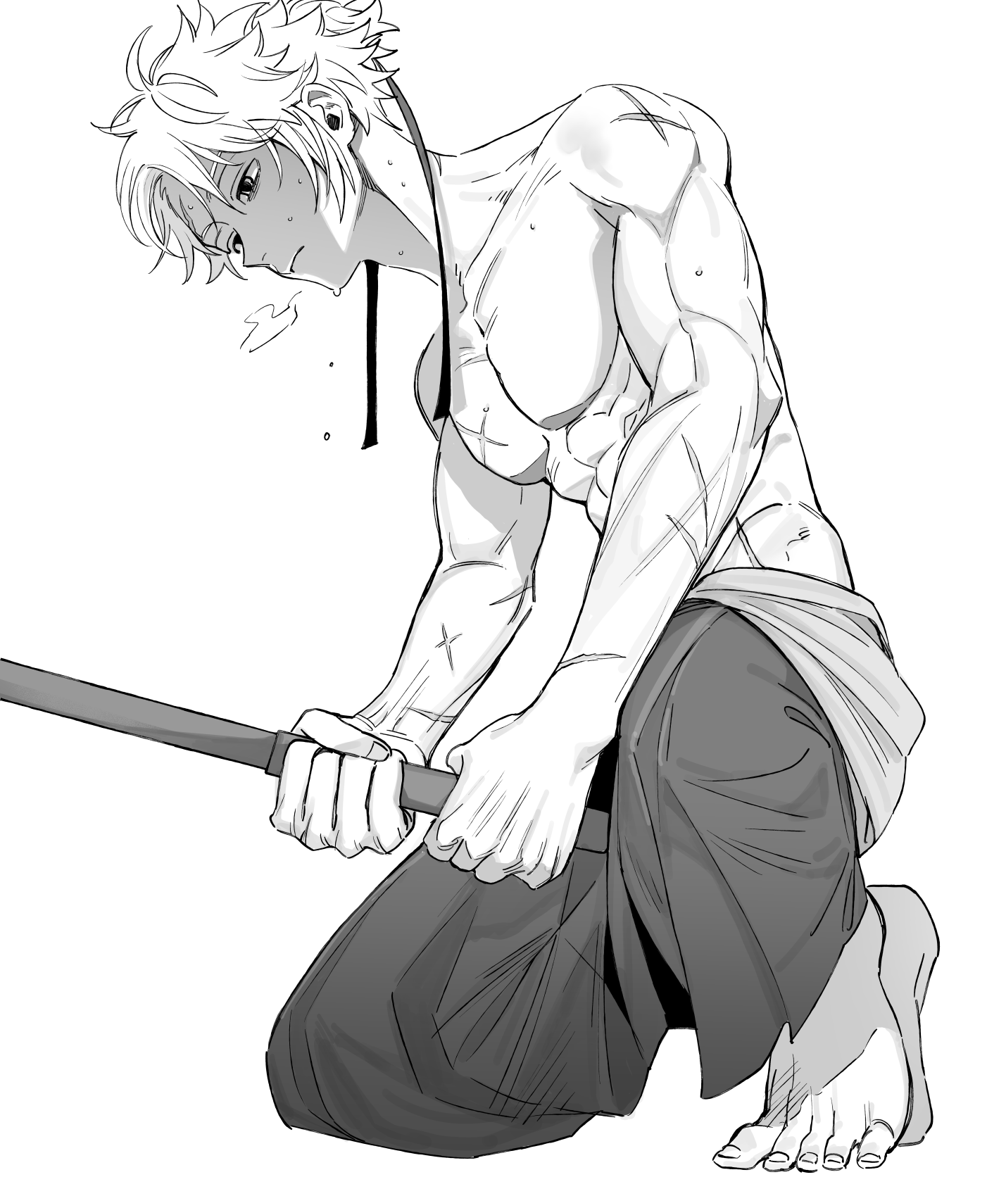 shikibreeki, toudou heisuke (fate), fate/grand order, fate (series), highres, 1boy, full body, greyscale, hakama, holding, holding sword, holding weapon, japanese clothes, male focus, monochrome, multiple scars, on one knee, scar, scar on arm, scar on chest, scar on face, scar on forehead, short hair, simple background, solo, sweat, sword, topless male, training, weapon, white background