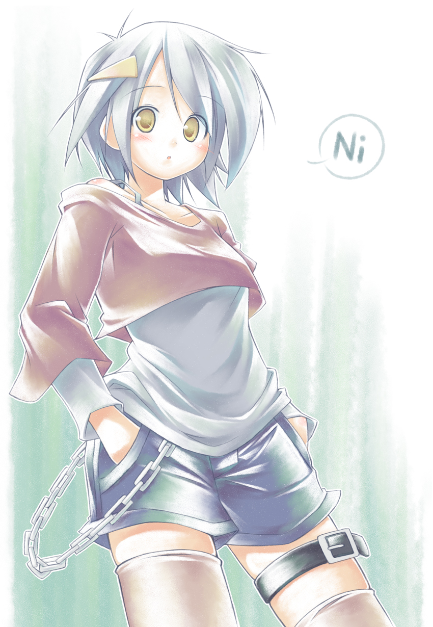 kibushi, original, highres, 1girl, belt, blush, chain, collarbone, female focus, green hair, hair ornament, shorts, solo, thighhighs, yellow eyes