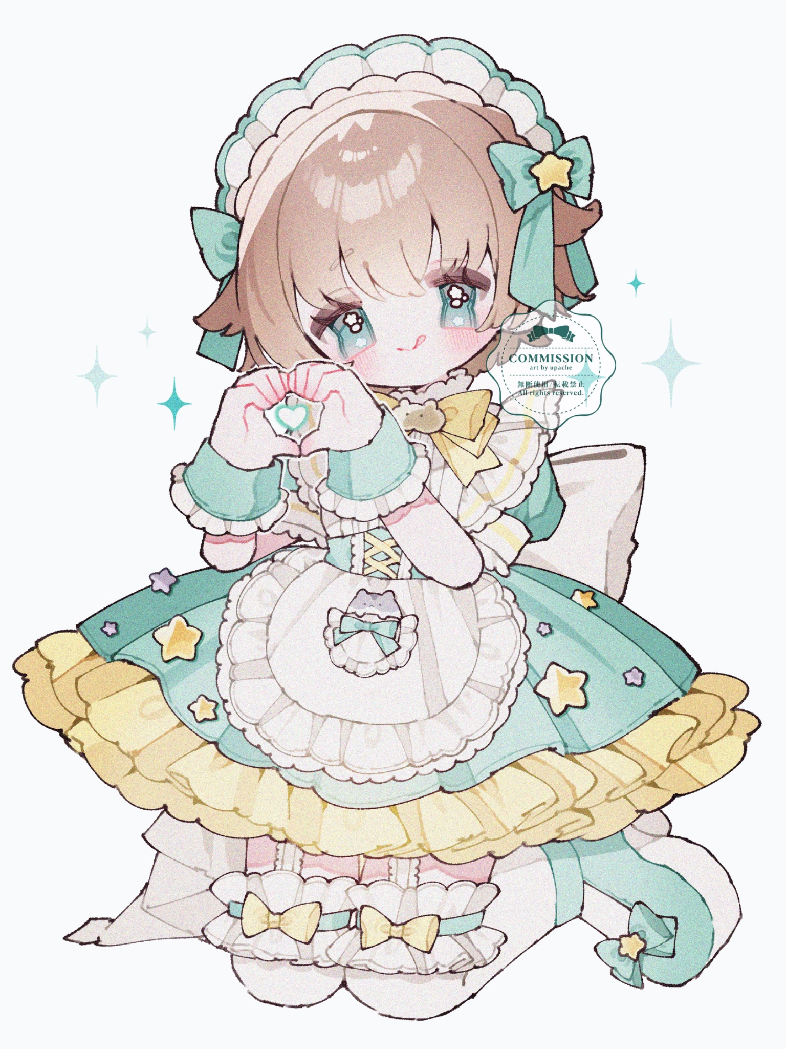 upa papa co, original, commentary, commission, highres, symbol-only commentary, 1girl, :q, apron, back bow, blush, bow, bowtie, brown hair, closed mouth, dress, frilled apron, frilled dress, frilled thighhighs, frilled wrist cuffs, frills, full body, garter straps, green bow, green dress, green eyes, green shoes, hair bow, heart, heart hands, heart in heart hands, looking at viewer, maid headdress, shoes, short hair, short sleeves, simple background, sitting, smile, solo, thighhighs, tongue, tongue out, wariza, white apron, white background, white bow, white thighhighs, wrist cuffs, yellow bow, yellow bowtie