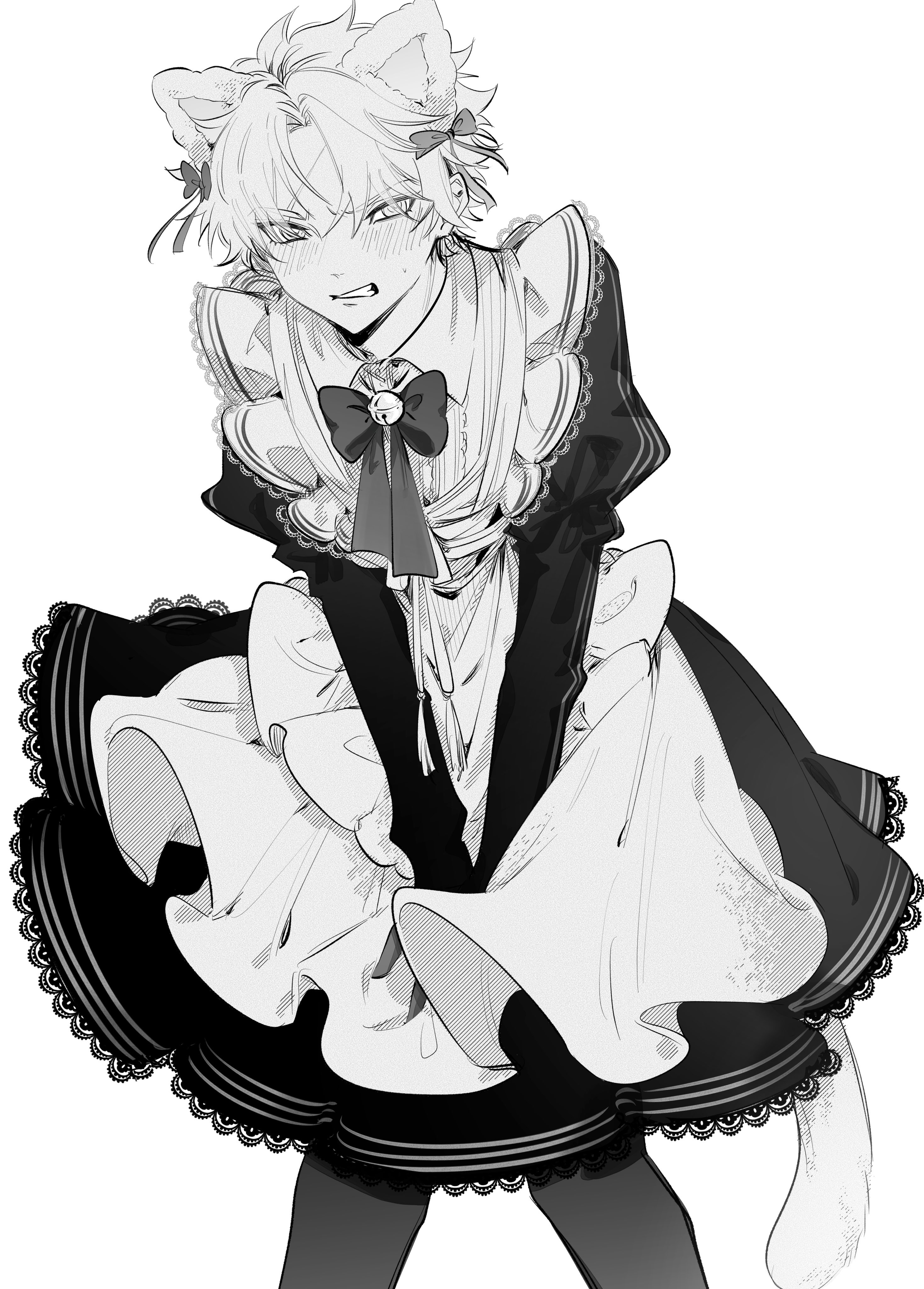 umifug3, toudou heisuke (fate), fate/grand order, fate (series), absurdres, highres, 1boy, alternate costume, animal ears, apron, bell, blush, cat boy, cat ears, cat tail, clenched teeth, crossdressing, crossdressing (mtf), dress, earrings, embarrassed, enmaided, feet out of frame, jewelry, juliet sleeves, long sleeves, maid, maid apron, male focus, male maid, neck bell, pantyhose, puffy sleeves, ribbon, scar, scar on face, scar on forehead, short hair, simple background, solo, sweatdrop, tail, teeth, white background