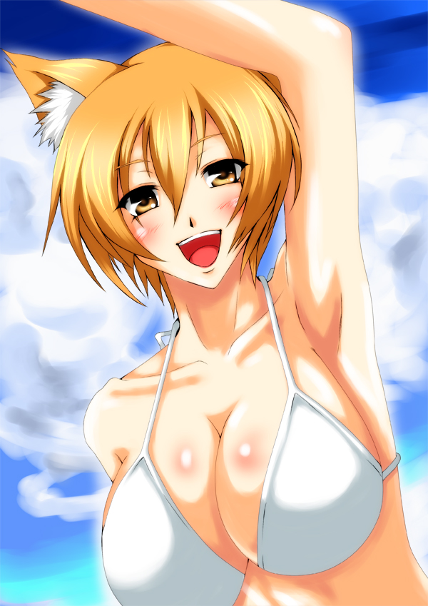iwamoto eiri, yakumo ran, touhou, bad id, bad pixiv id, 1girl, animal ears, arm up, armpits, bikini, blonde hair, breasts, cleavage, cloud, day, female focus, gradient background, large breasts, no headwear, outdoors, short hair, sky, smile, solo, swimsuit, upper body, white bikini, yellow eyes