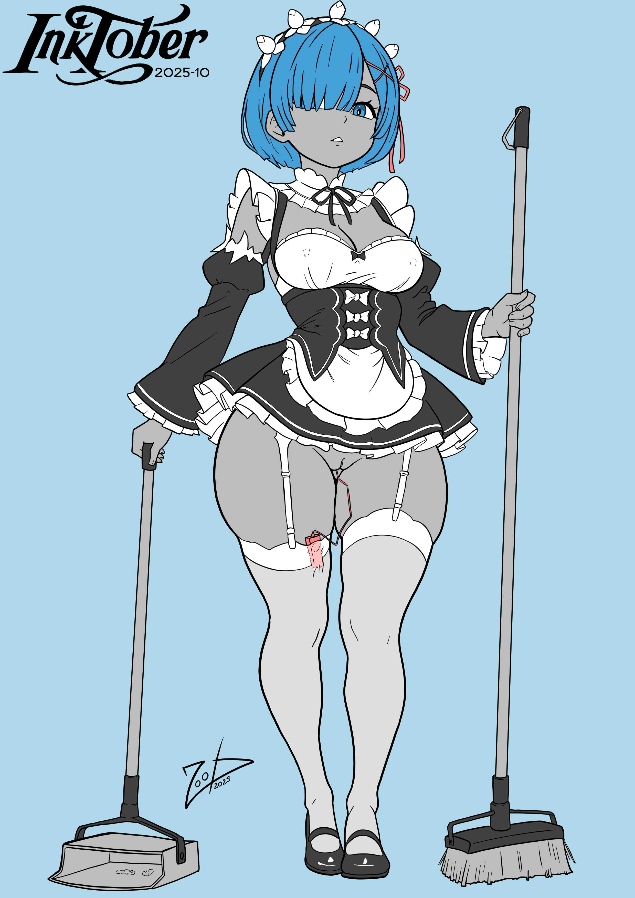 zoobastik, rem (re:zero), re:zero kara hajimeru isekai seikatsu, absurdres, highres, apron, black dress, black shoes, blue eyes, blue hair, broom, dress, dustpan, garter straps, holding, holding broom, holding dustpan, inktober, inktober 2025, long-handled broom, maid, maid apron, maid headdress, remote control vibrator, sex toy, shoes, thighhighs, vibrator, vibrator under clothes, white thighhighs