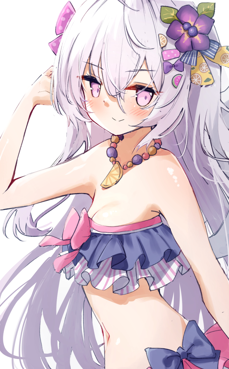 akasaki koyo, azusa (blue archive), azusa (swimsuit) (blue archive), blue archive, commentary request, highres, >:), 1girl, bare shoulders, bead necklace, beads, bikini, blue bow, blush, bow, bow bikini, breasts, cleavage, closed mouth, flower, food-themed hair ornament, frilled bikini, frills, from side, hair between eyes, hair flower, hair ornament, hand up, jewelry, leaf hair ornament, long hair, looking at viewer, navel, necklace, official alternate costume, orange hair ornament, pink bow, purple eyes, purple flower, simple background, small breasts, smile, solo, strapless, strapless bikini, swimsuit, upper body, v-shaped eyebrows, very long hair, watermelon hair ornament, white background, white hair