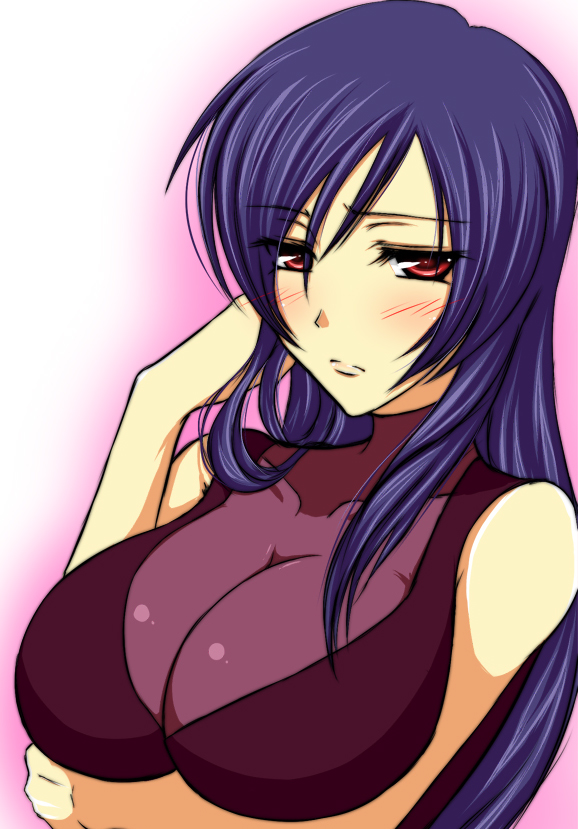 iwamoto eiri, tieria erde, gundam, gundam 00, breast hold, bad id, bad pixiv id, 00s, 1boy, 1girl, bare shoulders, blue hair, blush, breasts, cleavage, female focus, genderswap, genderswap (mtf), huge breasts, long hair, male focus, red eyes, see-through clothes, simple background, solo, trap