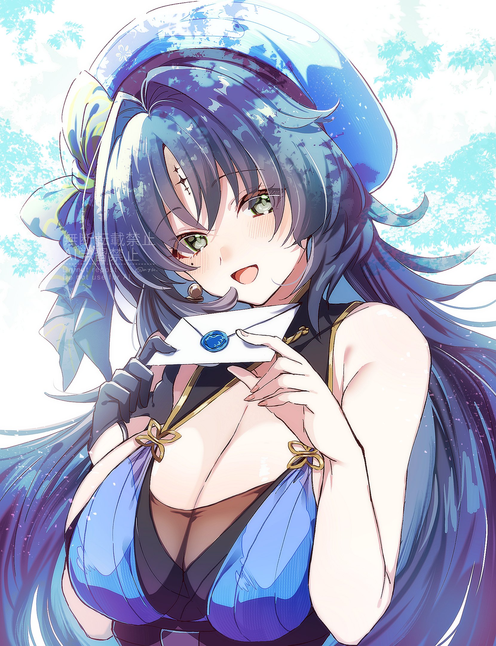 yuyuhi gm, yangyang (wuthering waves), wuthering waves, commentary, highres, 1girl, alternate breast size (larger), bare shoulders, beret, black bow, black eyes, black gloves, black hair, blue hat, bow, breasts, cleavage, envelope, gloves, hair intakes, hat, hat bow, holding, holding envelope, large breasts, light blush, long hair, looking at viewer, mole, mole under eye, open mouth, single glove, smile, solo, tacet mark (wuthering waves), upper body
