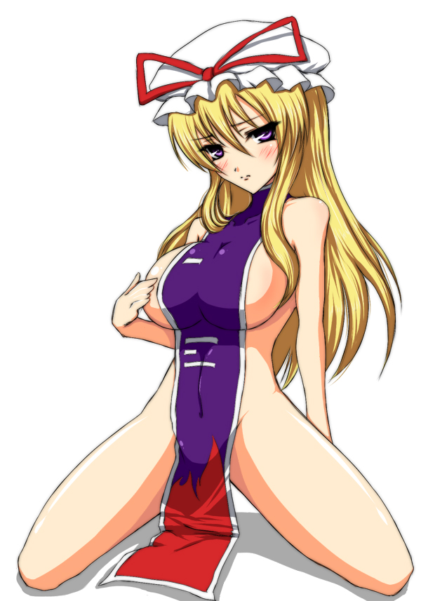 iwamoto eiri, yakumo yukari, touhou, bad id, bad pixiv id, 1girl, blonde hair, blush, breasts, female focus, hat, huge breasts, long hair, naked tabard, no bra, no panties, purple eyes, sideboob, solo, spread legs, tabard