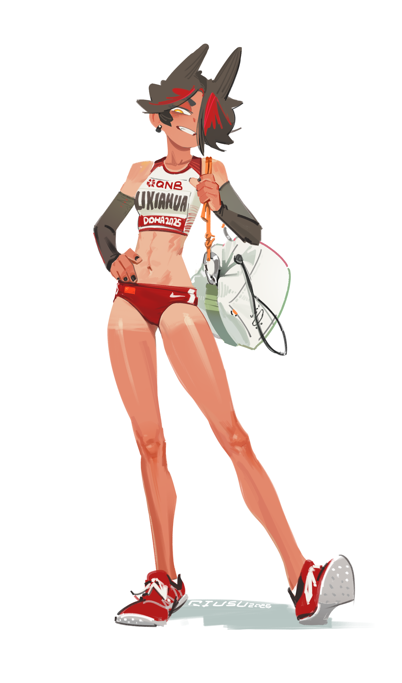prisoners book (artist), original, absurdres, commentary, english commentary, highres, 1girl, animal ears, bag, bare shoulders, black hair, buruma, collarbone, dark-skinned female, dark skin, detached sleeves, full body, hair over one eye, holding, holding bag, li xiahua (prisoners book), looking at viewer, multicolored hair, print shirt, red buruma, red hair, shirt, shoe soles, shoes, short hair, shoulder bag, sneakers, solo, sportswear, standing, streaked hair, tan, tomboy, toned, toned female, track uniform, two-tone hair, white bag
