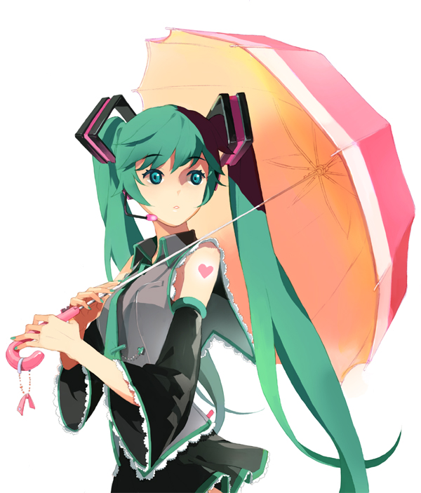 tiru, hatsune miku, melt (vocaloid), vocaloid, 1girl, aqua eyes, detached sleeves, female focus, green hair, headset, heart, long hair, skirt, solo, tattoo, twintails, umbrella, very long hair