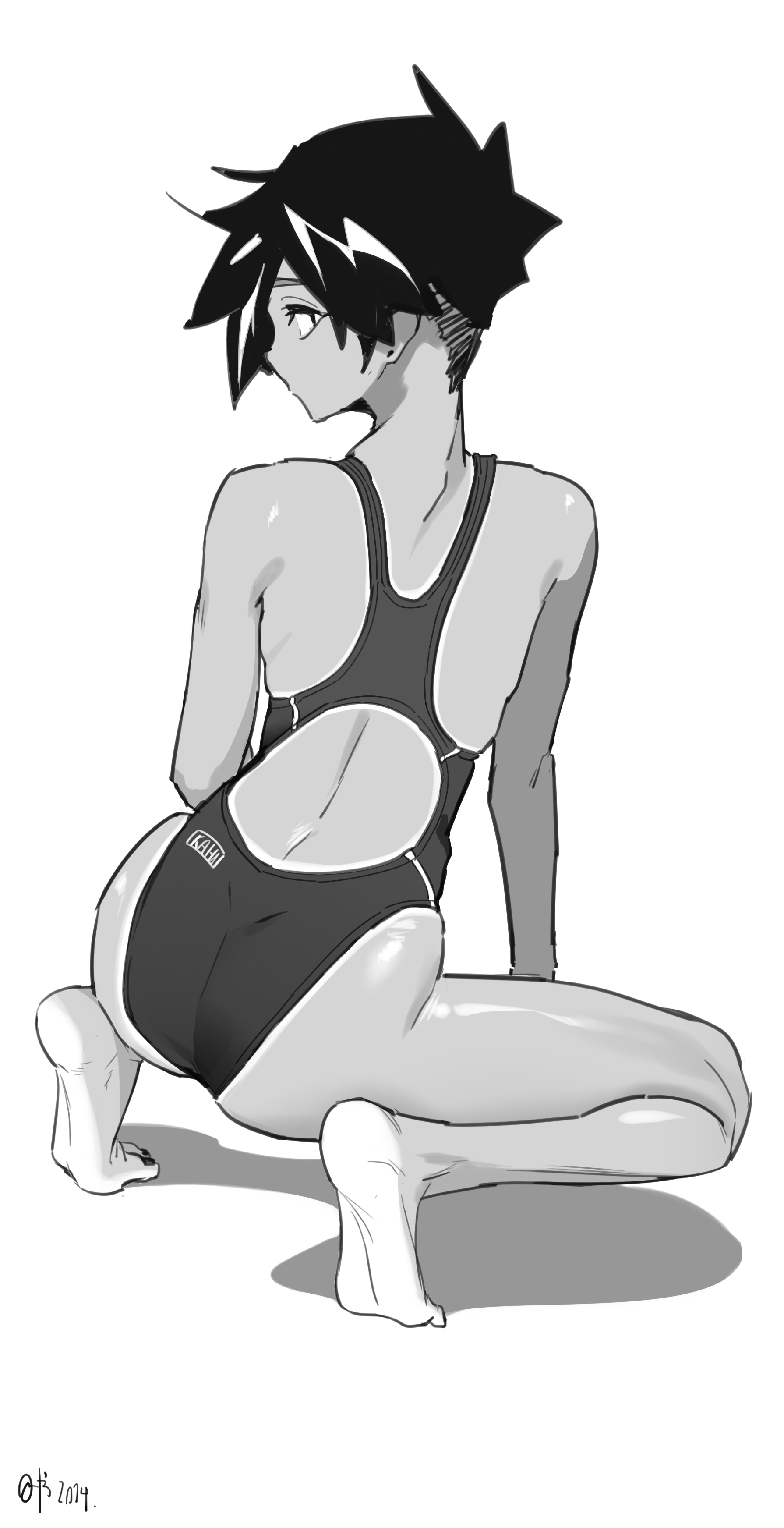 prisoners book (artist), original, absurdres, chinese commentary, commentary, highres, 1girl, ass, back cutout, barefoot, clothing cutout, competition swimsuit, dated, from behind, greyscale, kneeling, li xiahua (prisoners book), light-skinned soles, looking to the side, monochrome, one-piece swimsuit, short hair, signature, soles, solo, swimsuit, tan, tanline, tomboy
