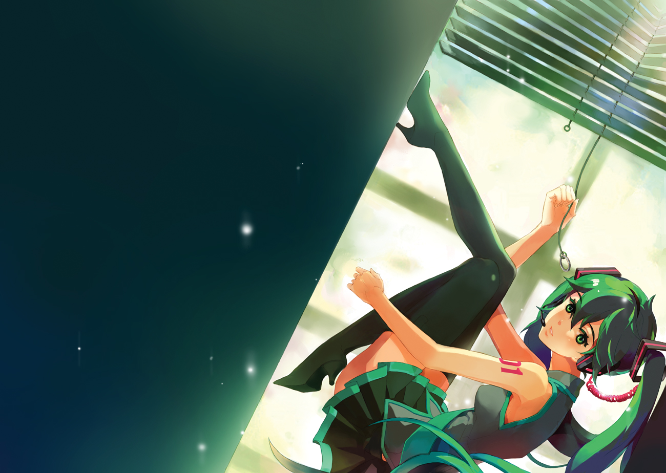 tiru, hatsune miku, vocaloid, boots, detached sleeves, green eyes, green hair, headset, high heels, shoes, skirt, solo, thigh boots, thighhighs, twintails, window, window blinds