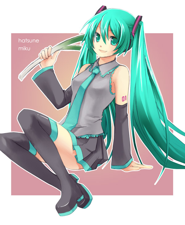 shiramori yuse, hatsune miku, vocaloid, bad id, bad pixiv id, aqua eyes, aqua hair, arm support, black thighhighs, character name, detached sleeves, long hair, necktie, sitting, skirt, solo, spring onion, thighhighs, twintails, very long hair