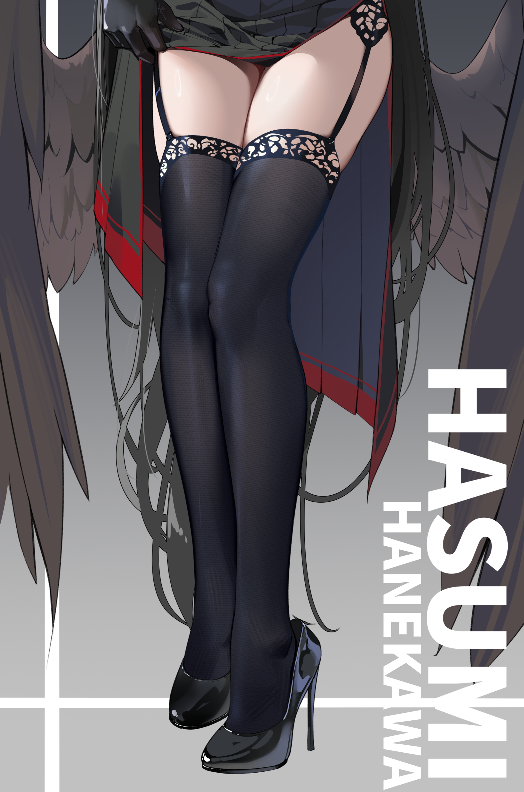 painterliuhao, hasumi (blue archive), blue archive, absurdres, chinese commentary, commentary request, highres, 1girl, black nails, black shoes, black skirt, black thighhighs, clothes lift, feathered wings, high heels, leg focus, legs, low wings, lower body, shoes, skirt, skirt lift, solo, thighhighs, wings