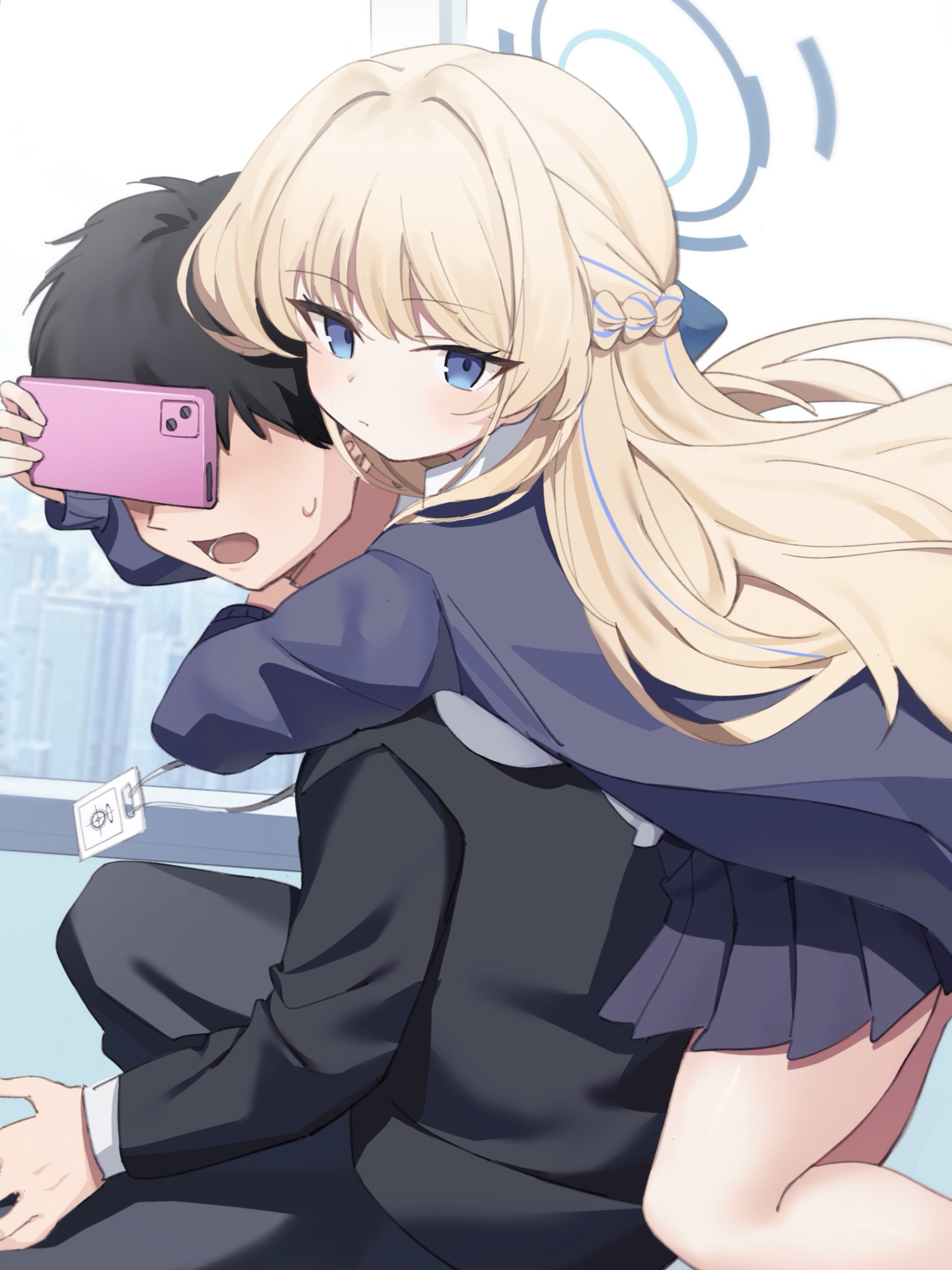 meng yin, sensei (blue archive), toki (blue archive), toki (school uniform) (blue archive), blue archive, absurdres, commentary request, highres, 1boy, 1girl, bare legs, black hair, black jacket, black suit, blonde hair, blue eyes, blue hair, blush, braid, cellphone, faceless, faceless male, formal clothes, half up braid, halo, hetero, holding, holding phone, hug, hug from behind, jacket, lanyard, looking at viewer, miniskirt, multicolored hair, phone, pleated skirt, shirt, skirt, smartphone, streaked hair, suit, sweatdrop, two-tone hair, white shirt
