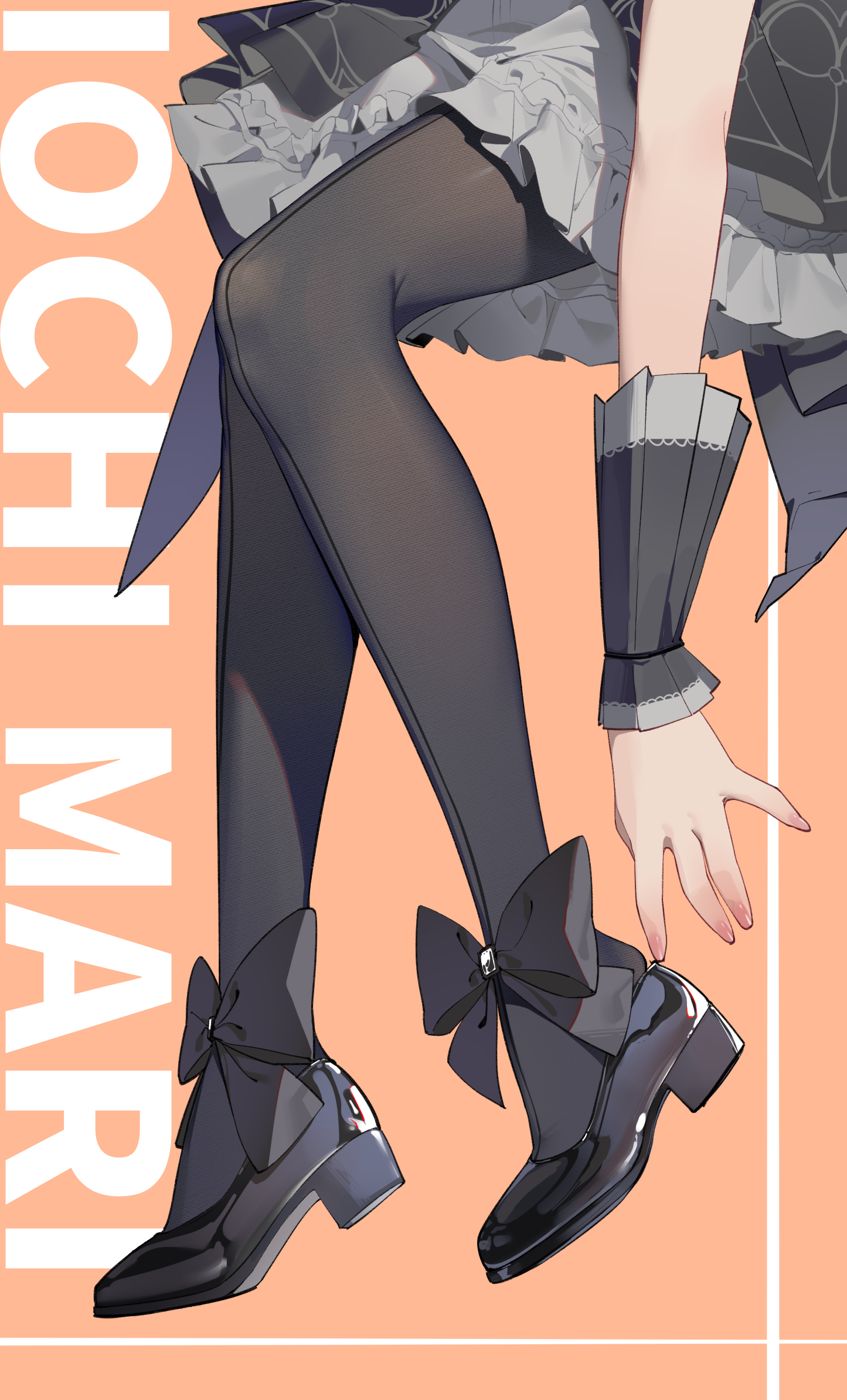 painterliuhao, mari (blue archive), mari (idol) (blue archive), blue archive, chinese commentary, commentary request, highres, 1girl, black bow, black overskirt, black pantyhose, black shoes, bow, character name, dress, idol, idol clothes, leg focus, legs, lower body, official alternate costume, orange background, pantyhose, shoes, simple background