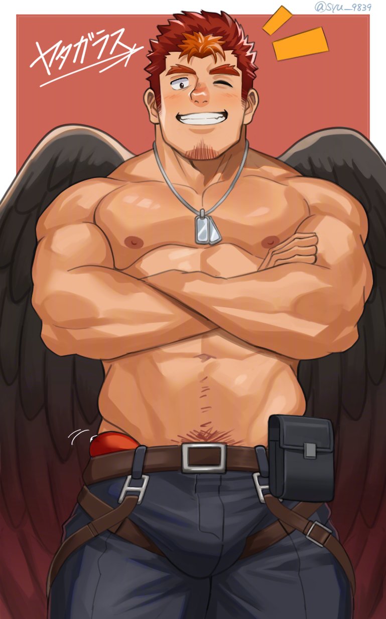 syu (jxkm4258), tokyo houkago summoners, highres, translation request, 1boy, abs, bara, belt, belt pouch, black pants, black wings, blush, brown belt, bulge, crossed arms, dog tags, erection, erection under clothes, facial hair, feathered wings, fire yatagarasu (housamo), goatee stubble, grin, harness, large pectorals, looking at viewer, male focus, male underwear, male underwear peek, multicolored hair, muscular, muscular male, navel hair, nipples, notice lines, one eye closed, orange hair, pants, pectorals, pouch, precum, red hair, simple background, smile, solo, stubble, thick eyebrows, topless male, twitter username, two-tone hair, underwear, wings