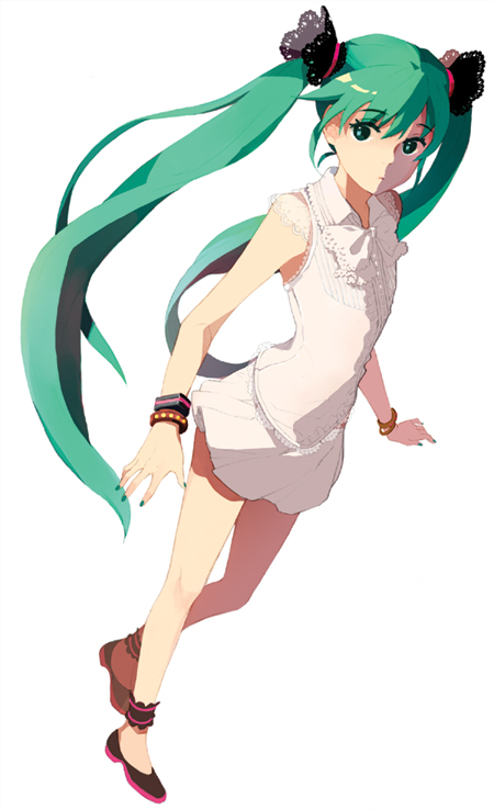 tiru, hatsune miku, vocaloid, world is mine (vocaloid), bow, bowtie, bracelet, dress, green eyes, green hair, jewelry, legs, long hair, solo, twintails, very long hair