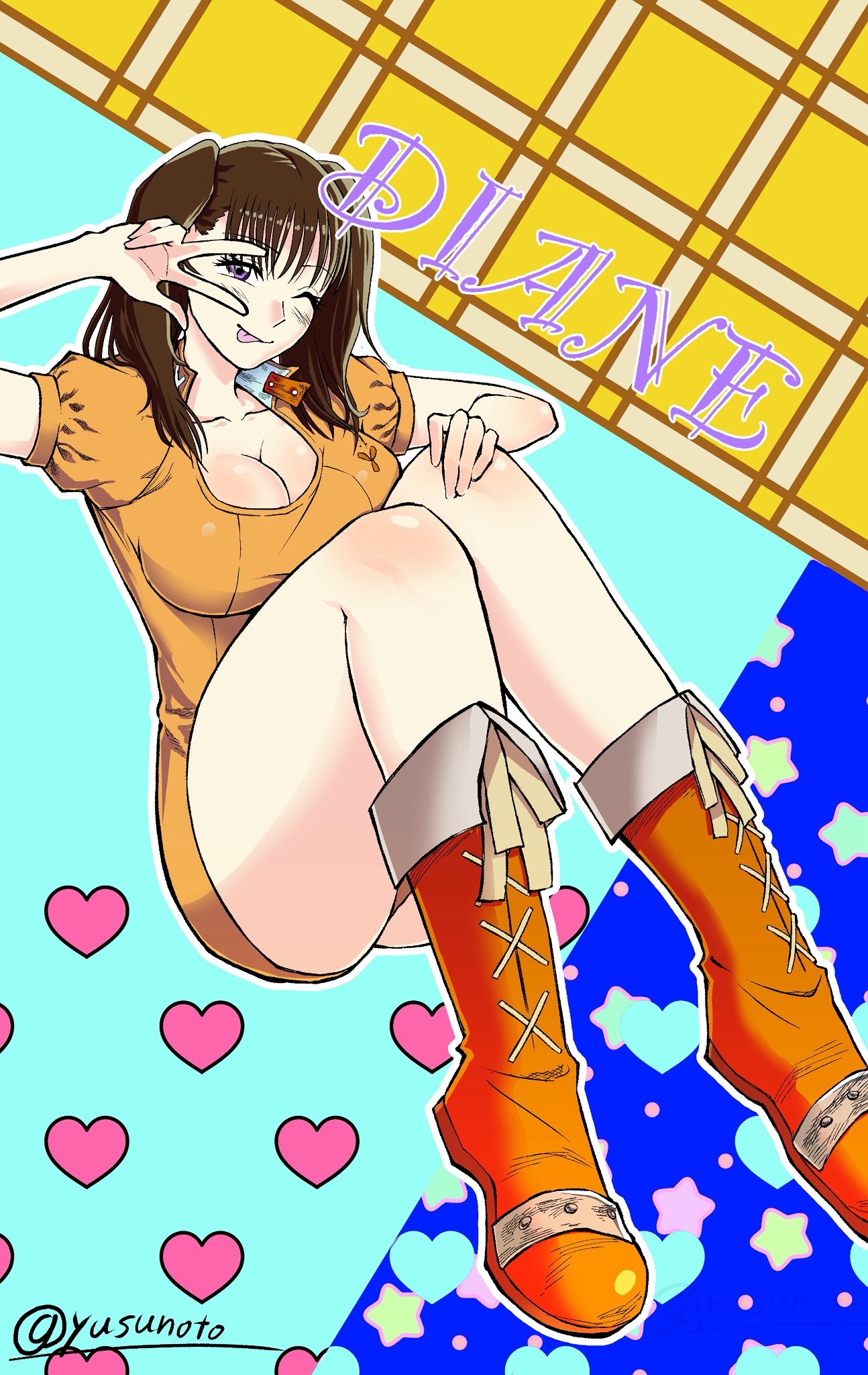 diane (nanatsu no taizai), nanatsu no taizai, 1girl, ;p, boots, breasts, brown hair, character name, cleavage, heart, large breasts, leotard, long hair, looking at viewer, one eye closed, thighs, tongue, tongue out, twintails, v, wink, yusunoto