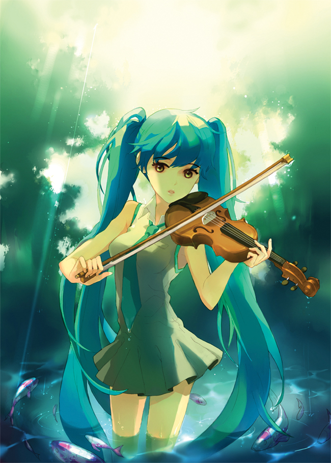tiru, hatsune miku, vocaloid, 1girl, aqua hair, dress, female focus, fish, instrument, light rays, long hair, necktie, solo, sunbeam, sunlight, twintails, very long hair, violin, wading, water, yellow eyes