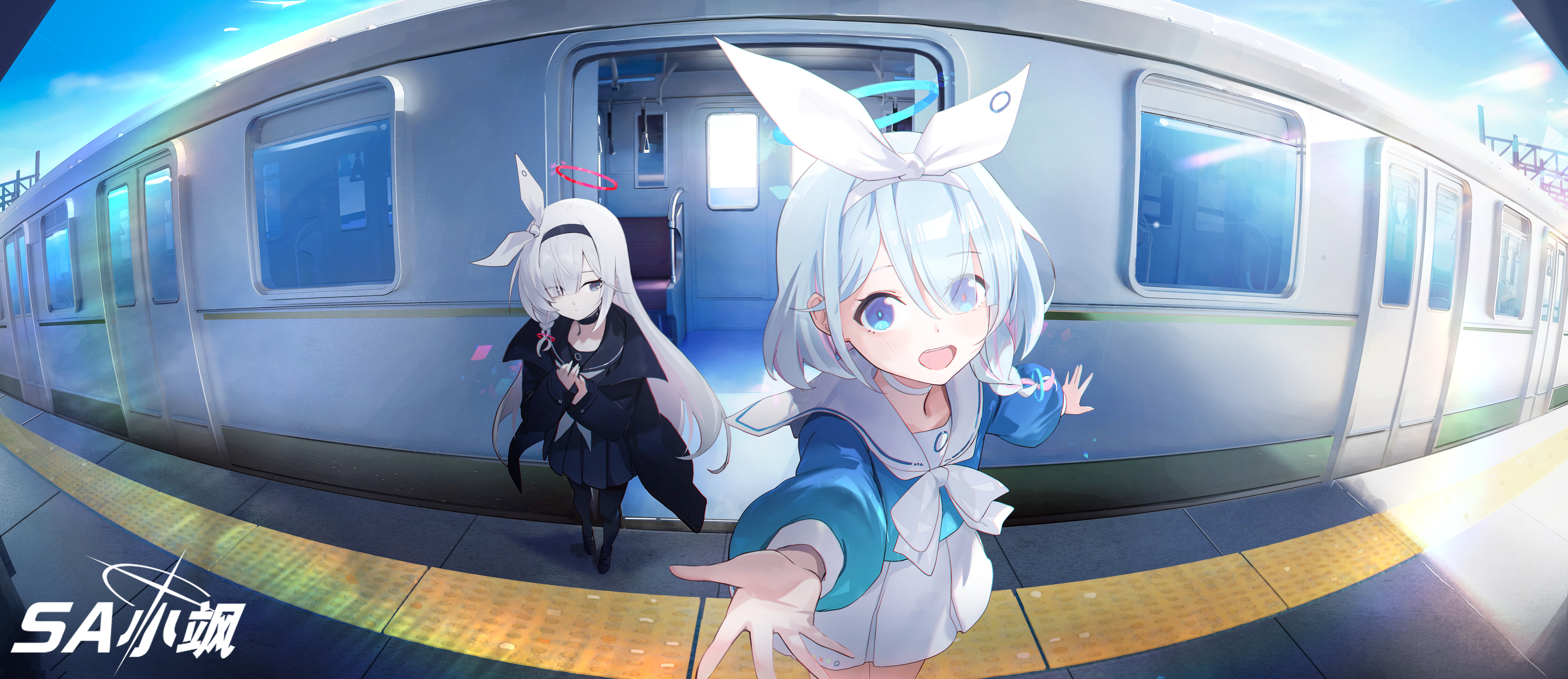 hayate (1034853996), arona (blue archive), plana (blue archive), blue archive, absurdres, chinese commentary, commentary request, highres, making-of available, 2girls, aqua hair, aqua halo, aqua pupils, artist logo, artist name, black choker, black coat, black hairband, black pantyhose, black sailor collar, black serafuku, black shirt, black shoes, black skirt, blue eyes, blue shirt, bow, bow hairband, braid, bright pupils, choker, chromatic aberration, closed mouth, coat, colored inner hair, day, eyes visible through hair, fisheye, grey eyes, grey hair, hair bow, hair ornament, hair over one eye, hairband, halo, hands on own chest, light smile, logo, long hair, long sleeves, looking at viewer, looking to the side, medium hair, mismatched pupils, multicolored hair, multiple girls, neckerchief, open clothes, open coat, open door, open mouth, outstretched arms, own hands together, pantyhose, pink hair, pleated skirt, puffy long sleeves, puffy sleeves, reaching, reaching towards viewer, red halo, red pupils, sailor collar, sailor shirt, school uniform, serafuku, shirt, shoes, side braid, sidelocks, single braid, skirt, standing, subway, subway station, teeth, two-tone hair, upper teeth only, white bow, white choker, white hairband, white neckerchief, white sailor collar, white skirt