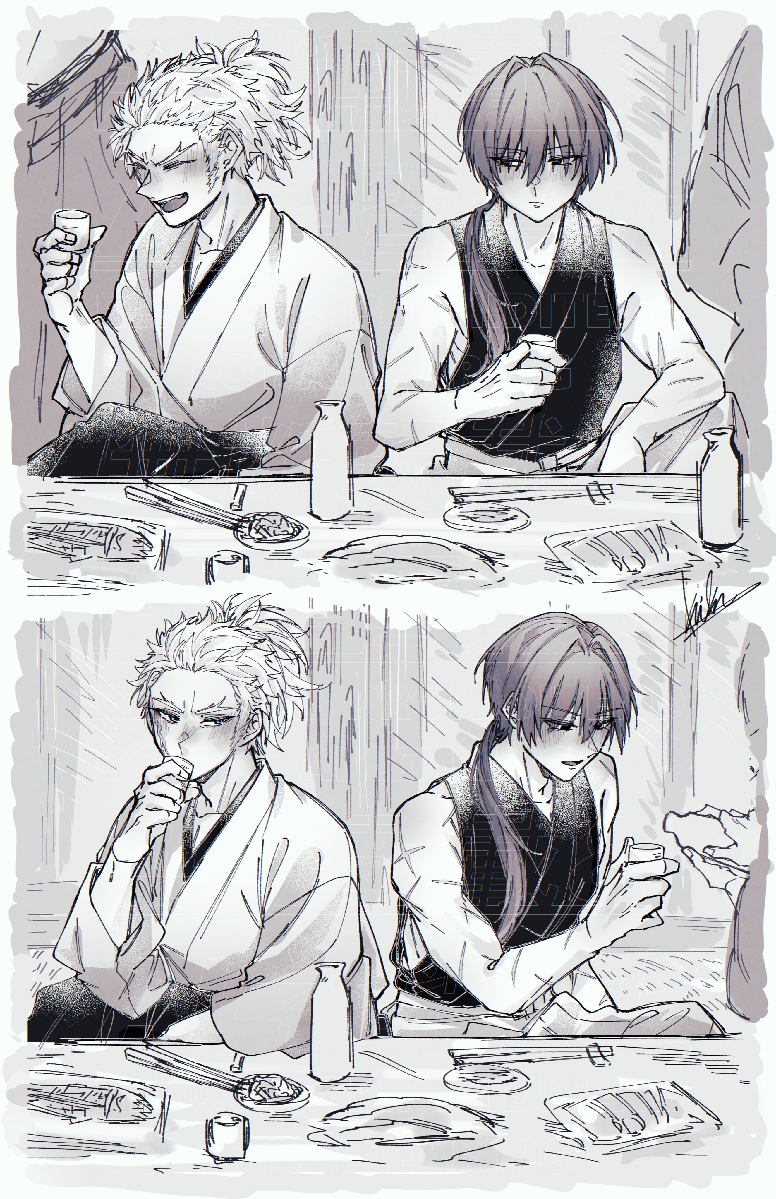 harada sanosuke (fate), nagakura shinpachi (fate), fate/grand order, fate (series), absurdres, highres, 2boys, alcohol, blue eyes, blush, cup, greyscale, hair intakes, holding, holding cup, implied yaoi, japanese clothes, kikunohana0225, kimono, long hair, long sleeves, male focus, monochrome, multiple boys, multiple scars, ponytail, sake, scar, scar on arm, scar on face, sleeveless, spot color
