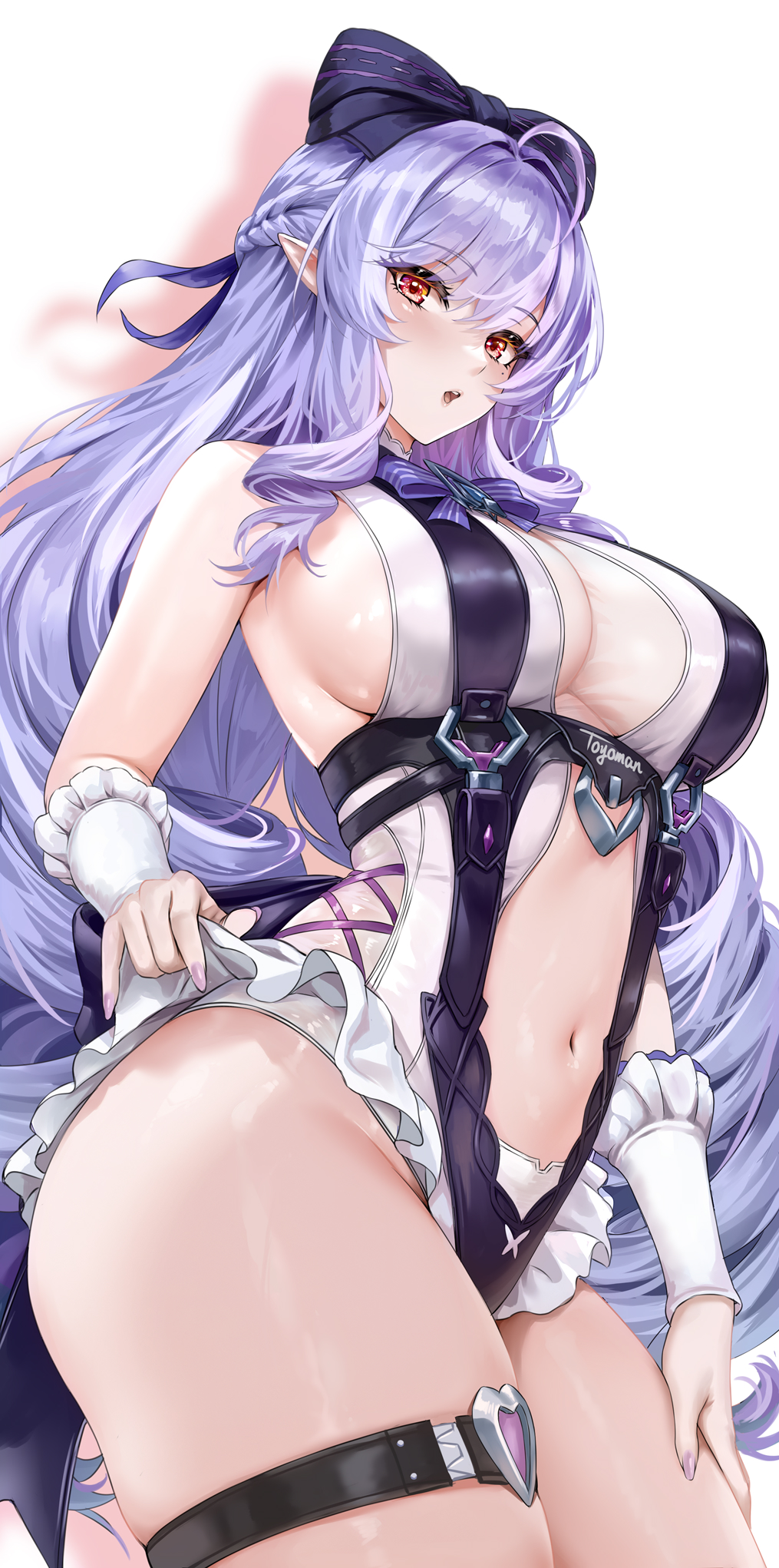 toyoman, vivian banshee, zenless zone zero, commentary request, highres, 1girl, artist name, bare shoulders, blush, braid, breasts, hair ornament, large breasts, long hair, looking at viewer, mole, mole under eye, multicolored hair, navel, official alternate costume, one-piece swimsuit, open mouth, pointy ears, purple hair, purple nails, red eyes, sideboob, simple background, solo, stomach, streaked hair, swimsuit, thigh strap, thighs, white background, white hair