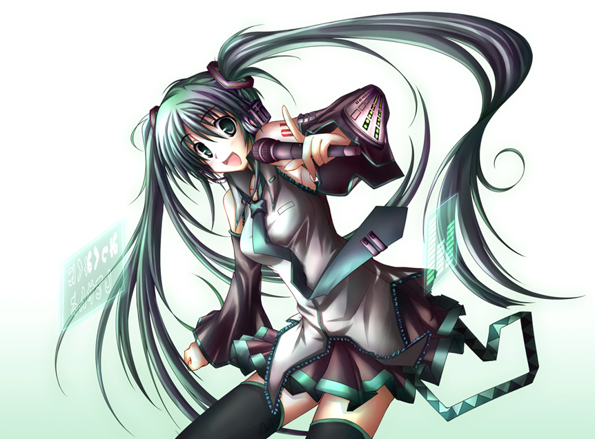 koka (pixiv135454), hatsune miku, vocaloid, detached sleeves, green eyes, green hair, headset, long hair, microphone, necktie, pointing, skirt, solo, thighhighs, twintails