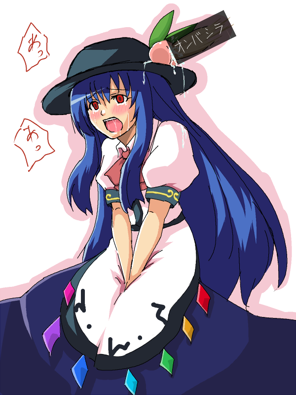reon (pixiv), reon (saikyou), hinanawi tenshi, touhou, bad id, bad pixiv id, 1girl, blue hair, blush, female focus, food, fruit, hat, long hair, peach, red eyes, sexually suggestive, solo, uncommon stimulation