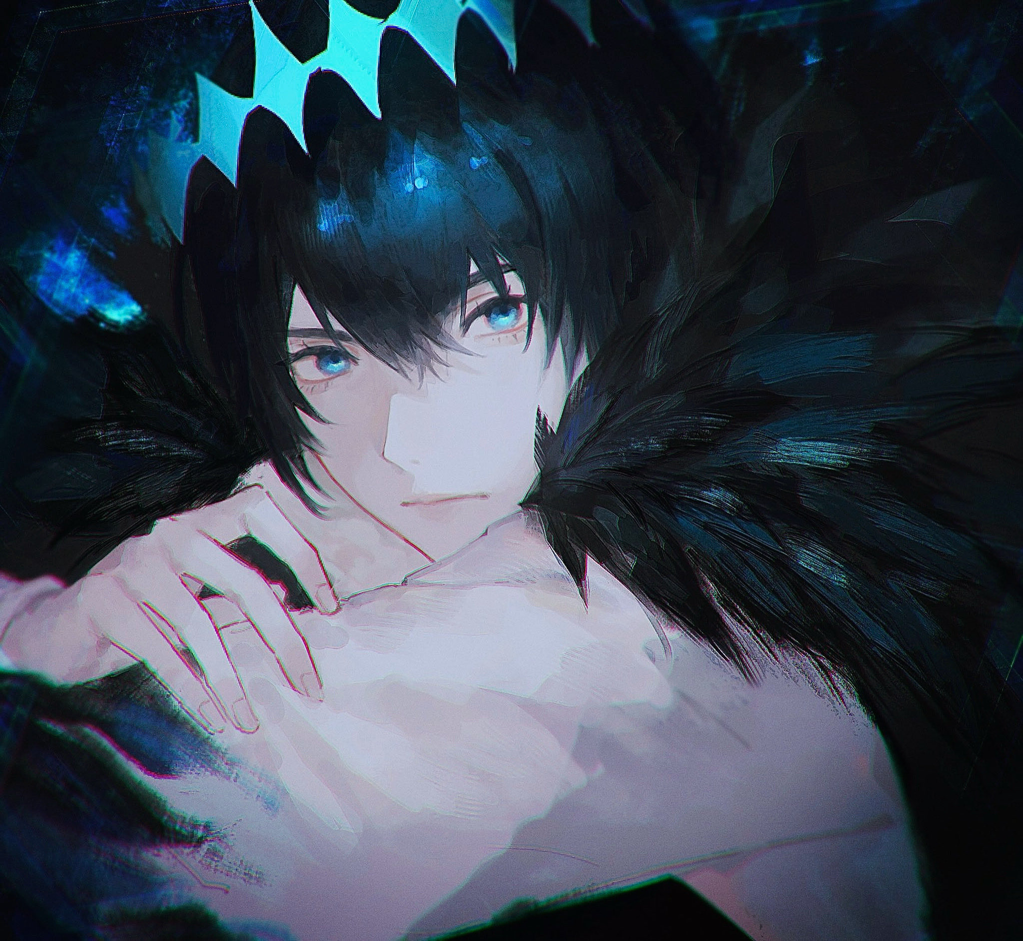shion (reira), oberon (fate), oberon (third ascension) (fate), fate/grand order, fate (series), highres, 1boy, black hair, blue eyes, crown, diamond hairband, fur trim, looking at viewer, male focus, shirt, solo, upper body, white shirt