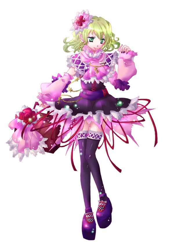 kanoue hiji, mizuhashi parsee, touhou, platform footwear, bad id, bad pixiv id, 1girl, black nails, blonde hair, detached sleeves, female focus, gothic lolita, green eyes, hair ornament, lolita fashion, multicolored nails, nail polish, purple nails, ribbon, short hair, solo, thighhighs, zettai ryouiki