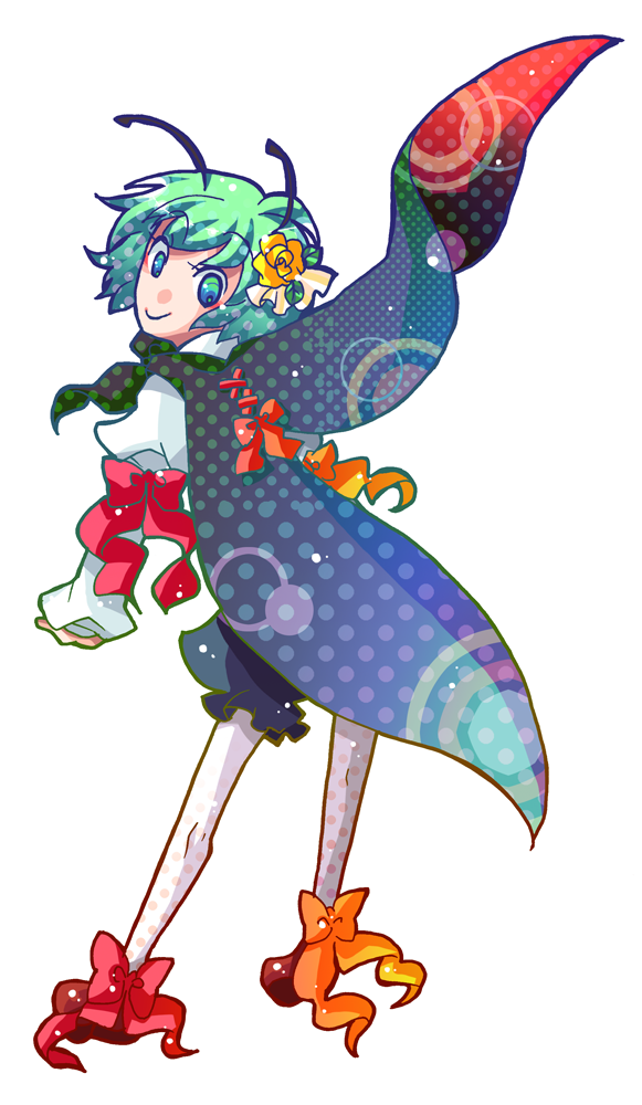 kanoue hiji, wriggle nightbug, touhou, bad id, bad pixiv id, 1girl, antennae, cape, female focus, flower, full body, green eyes, green hair, looking back, matching hair/eyes, plant, ribbon, short hair, simple background, solo, white background