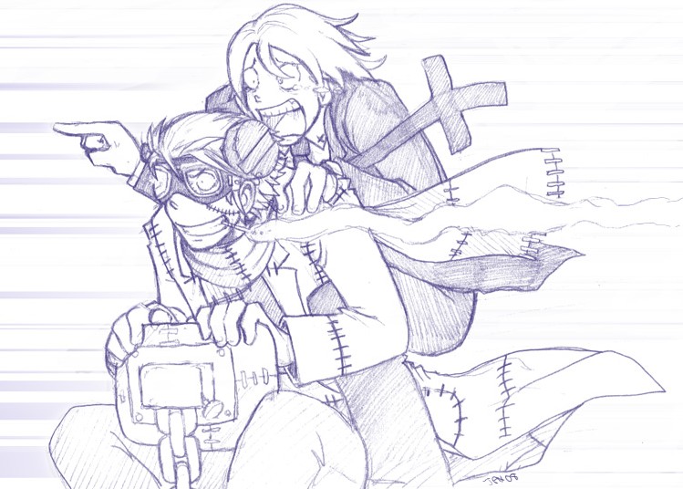 franken stein (soul eater), spirit albarn, soul eater, non-web source, 00s, 2boys, carrying, chair, cigarette, emphasis lines, male focus, motion lines, multiple boys, piggyback, riding, scar, scared, scarf, sitting, smoking, speed lines, stitches