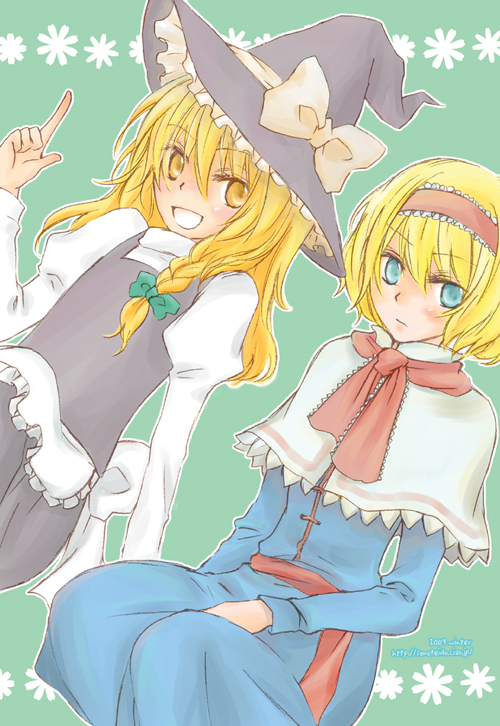 saneyoshi, alice margatroid, kirisame marisa, touhou, bad id, bad pixiv id, 2girls, blonde hair, blue eyes, braid, female focus, hairband, hat, long hair, multiple girls, ribbon, short hair, witch, witch hat, yellow eyes