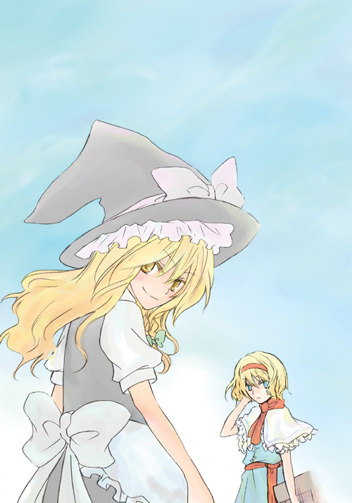 saneyoshi, alice margatroid, kirisame marisa, touhou, bad id, bad pixiv id, 2girls, blonde hair, blue eyes, book, braid, female focus, grimoire, grimoire of alice, hairband, hat, long hair, multiple girls, ribbon, short hair, witch, witch hat, yellow eyes