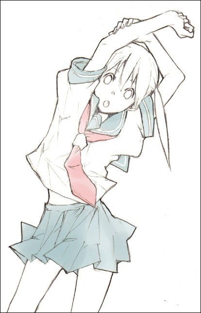 katsura miya, maka albarn, soul eater, non-web source, 00s, cowboy shot, school uniform, serafuku, sketch, solo, stretching, twintails
