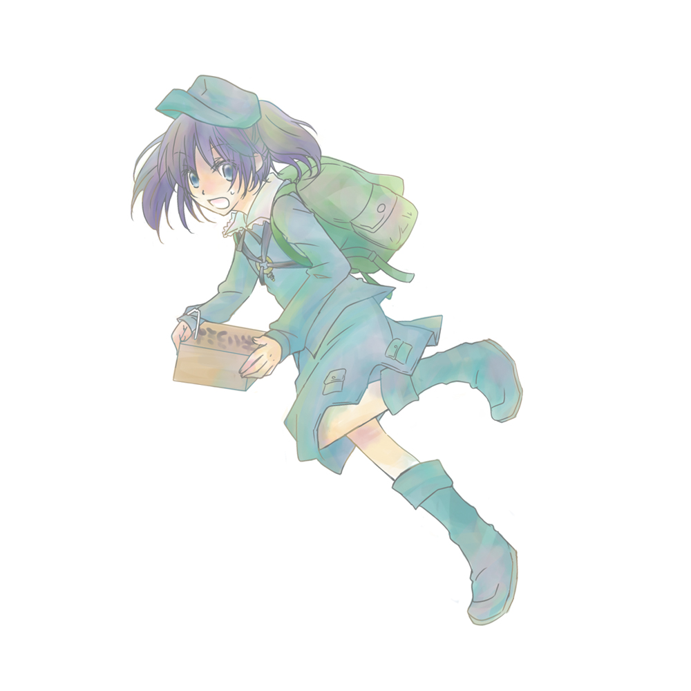 saneyoshi, kawashiro nitori, touhou, bad id, bad pixiv id, 1girl, backpack, bag, blue eyes, blue hair, box, female focus, full body, hat, matching hair/eyes, randoseru, running, short hair, simple background, skirt, solo, two side up, white background