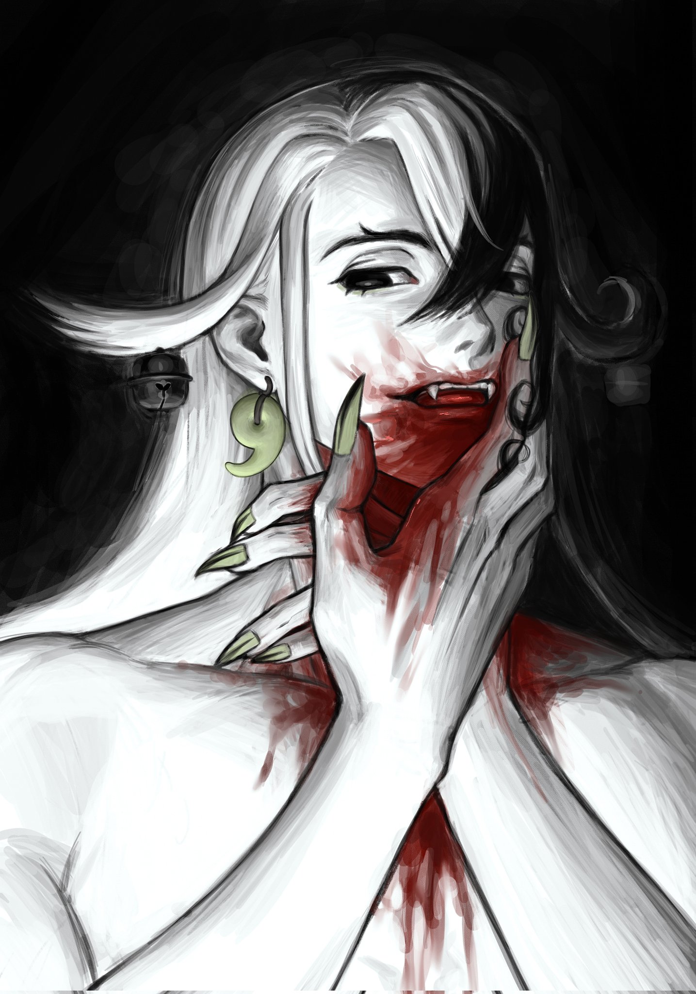 ashiya douman (fate), fate/grand order, fate (series), highres, 1boy, bell, black background, black eyes, black hair, blood, blood on face, curly hair, earrings, fangs, fingernails, forked eyebrows, green nails, hair bell, hair between eyes, hair ornament, jewelry, long fingernails, long hair, magatama, magatama earrings, male focus, multicolored hair, sharp fingernails, simple background, solo, split-color hair, teeth, tongue, topless male, two-tone hair, upper body, white hair, xianyun00