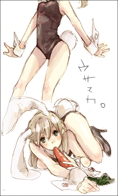 katsura miya, maka albarn, soul eater, non-web source, 00s, animal ears, bare legs, blonde hair, carrot, cuffs, fake animal ears, high heels, playboy bunny, rabbit ears, rabbit tail, shoes, sketch, tail, twintails, wrist cuffs