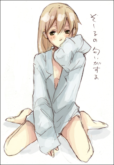 katsura miya, maka albarn, soul eater, non-web source, translated, 00s, 1girl, barefoot, bottomless, dress shirt, female focus, kneeling, no pants, oversized clothes, shirt, sketch, solo