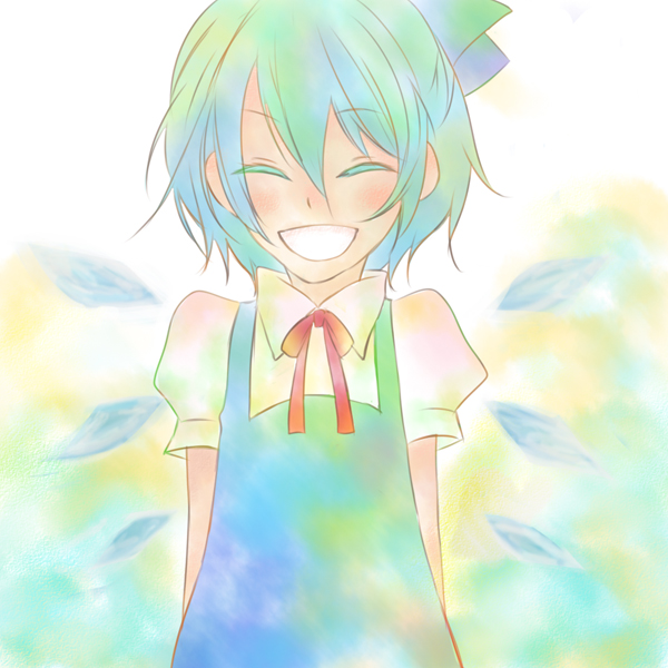 saneyoshi, cirno, embodiment of scarlet devil, touhou, bad id, bad pixiv id, 1girl, ^ ^, blue hair, blush, closed eyes, dress, female focus, gradient background, short hair, smile, solo, white background, wings