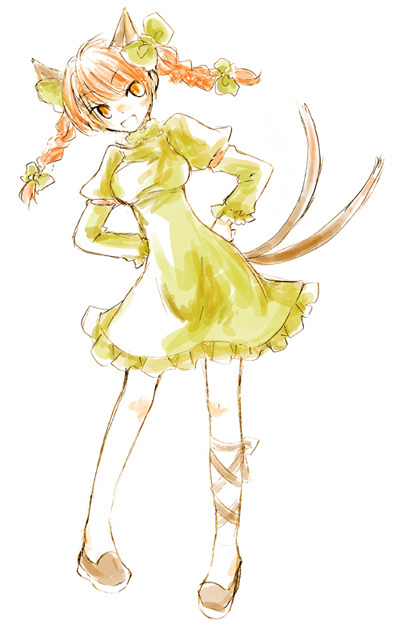 saneyoshi, kaenbyou rin, touhou, 1girl, animal ears, braid, cat ears, cat girl, cat tail, female focus, full body, red eyes, red hair, ribbon, simple background, sketch, solo, standing, tail, twin braids, white background
