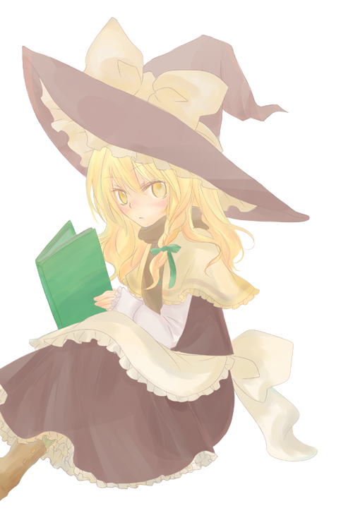 saneyoshi, kirisame marisa, touhou, 1girl, blonde hair, book, braid, dress, female focus, hat, open book, reading, simple background, solo, white background, witch, witch hat, yellow eyes