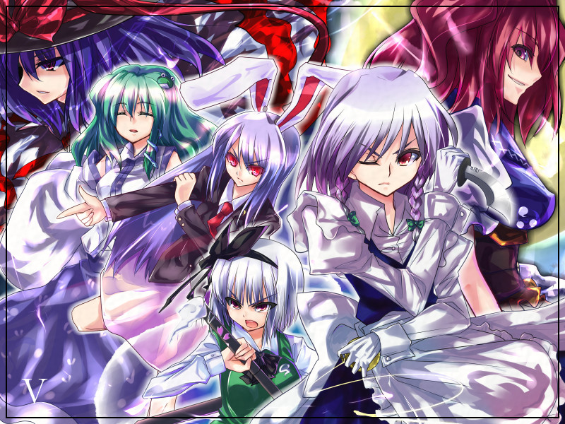 sushikuugo (suisen), izayoi sakuya, kochiya sanae, konpaku youmu, konpaku youmu (ghost), nagae iku, onozuka komachi, reisen udongein inaba, touhou, silver hair, bad id, bad pixiv id, 6+girls, animal ears, blazer, blue hair, braid, closed eyes, detached sleeves, female focus, finger gun, gloves, green hair, hairband, hat, hitodama, jacket, katana, knife, multiple girls, necktie, purple hair, rabbit ears, red eyes, red hair, short hair, stage connection, sword, throwing knife, twin braids, weapon