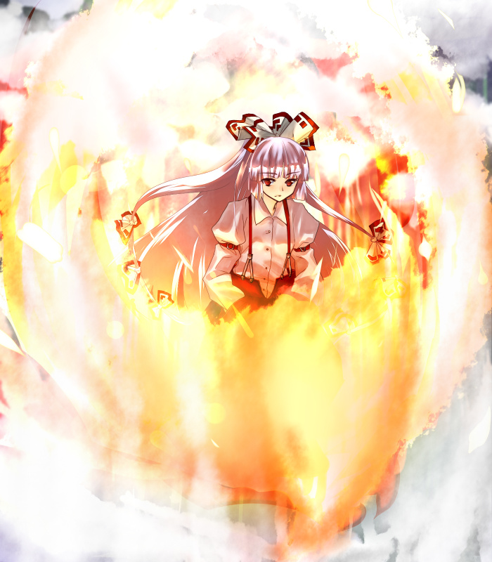 sushikuugo (suisen), fujiwara no mokou, touhou, silver hair, bad id, bad pixiv id, 1girl, female focus, fire, hair ribbon, long hair, red eyes, ribbon, solo