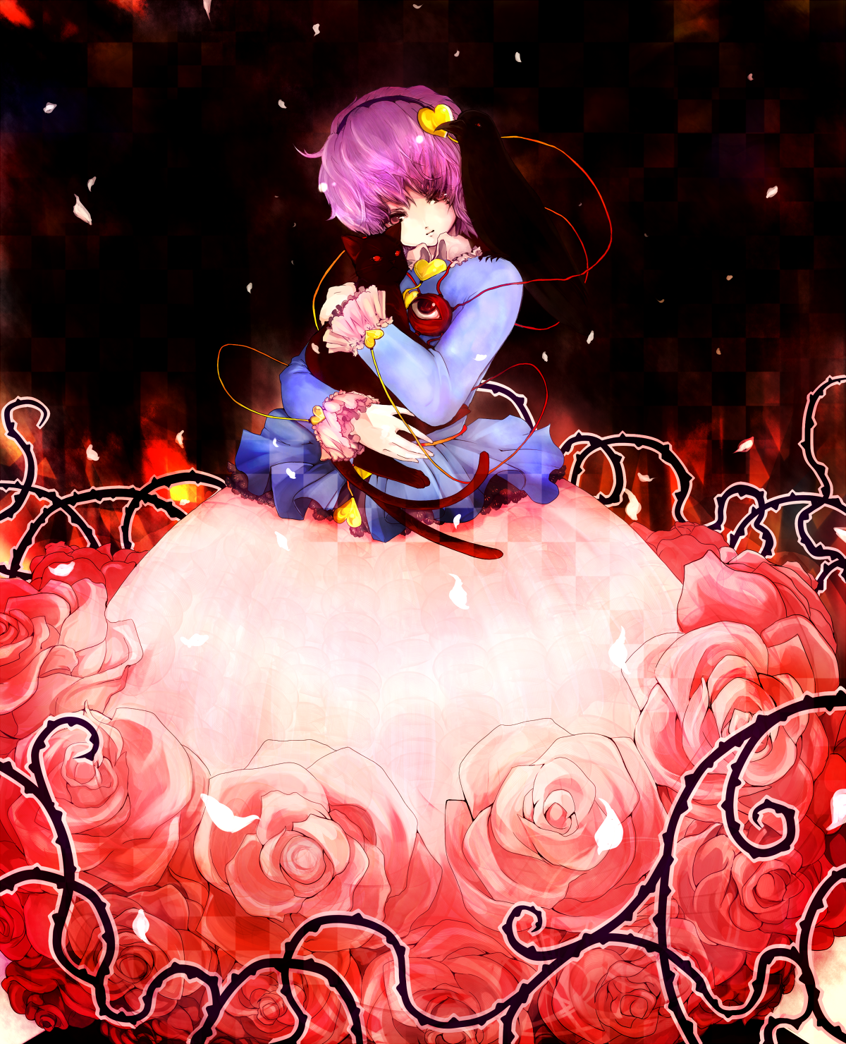 hanada hyou, kaenbyou rin, kaenbyou rin (cat), komeiji satori, reiuji utsuho, reiuji utsuho (bird), touhou, highres, 1girl, animal, animal on shoulder, bird, bird on shoulder, cat, female focus, flower, hairband, heart, purple hair, red eyes, red flower, red rose, rose, short hair