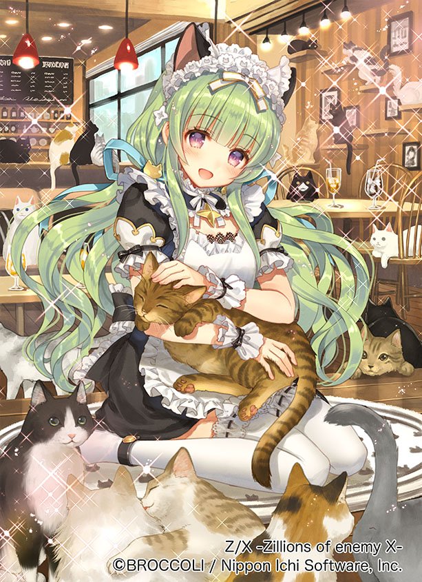 kawaku, z/x, official art, 1girl, animal, animal ears, animal hug, cafe, cat, cat cafe, cat ears, chair, copyright notice, cup, drinking glass, green hair, holding, holding animal, holding cat, indoors, long hair, maid, maid headdress, open mouth, purple eyes, shitorii nina, sitting, sparkle, table, thighhighs, wariza, white thighhighs, window