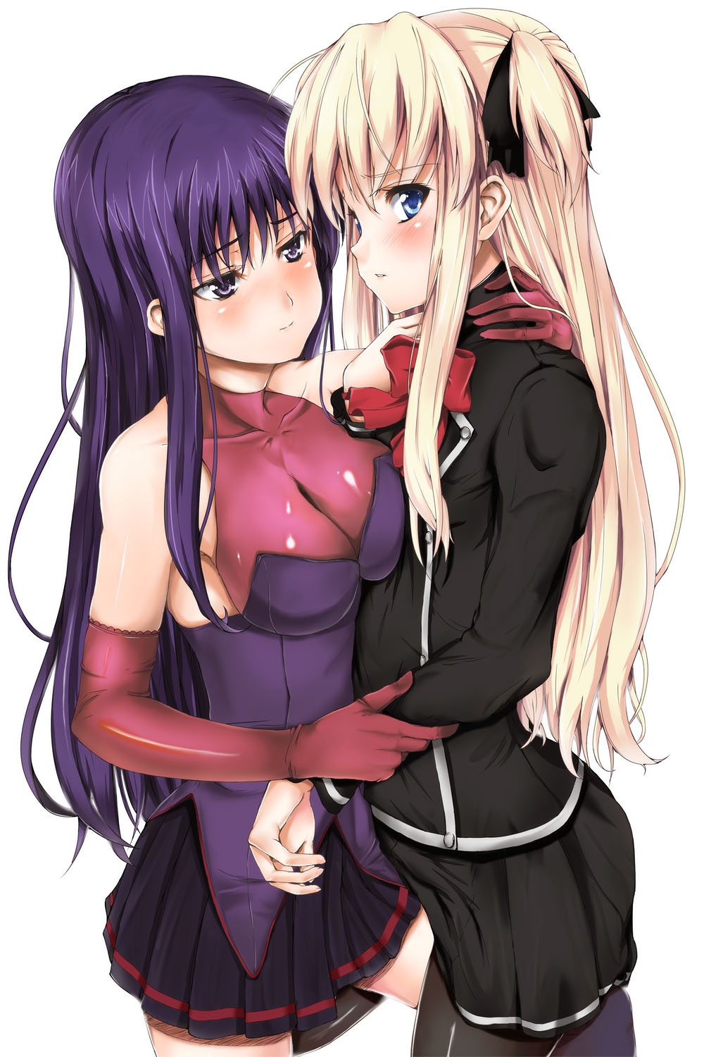 fujioka toki, malariya, shalon, quiz magic academy, arm grab, highres, 2girls, blonde hair, blue eyes, blush, breasts, cleavage, elbow gloves, frottage, gloves, hair ribbon, hug, large breasts, latex, latex gloves, long hair, multiple girls, pantyhose, purple eyes, purple hair, ribbon, short twintails, skirt, smile, twintails, two side up, yuri