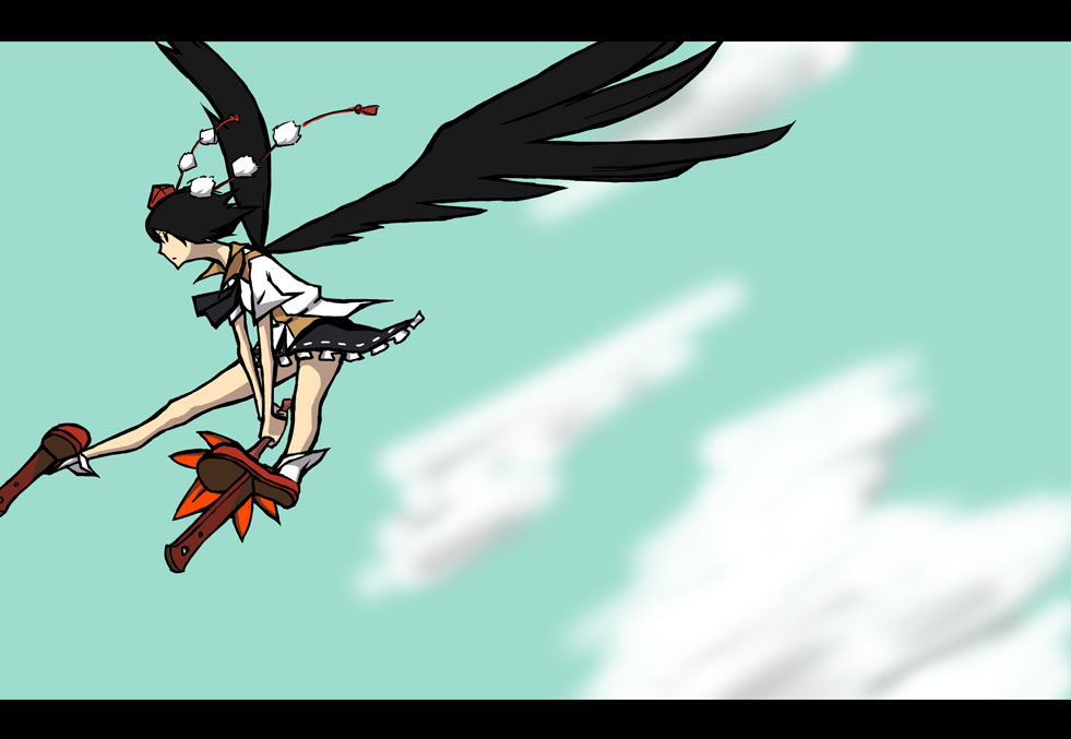 robo8, robo8 (pixiv), shameimaru aya, touhou, looking away, 1girl, black wings, cloud, expressionless, female focus, geta, hand fan, hat, letterboxed, sky, solo, tengu-geta, tokin hat, wings